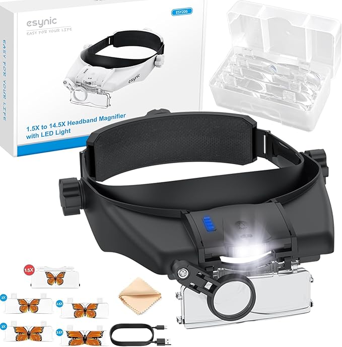 eSynic Head Magnifier 1.5X-14.5X with 5 Acrylic Lenses &2 LED Lights Wide Field of View Comfortable Headband Magnifying Glasses with Rechargeable Battery Alert for Reading Crafts Jewelry Repair