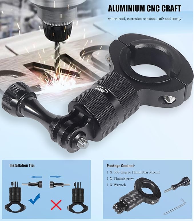 Niewalda Aluminum Bike/Motorcycle Handlebar Mount for GoPro, AKASO Campark and Other Action Cameras, 360 Degrees Rotary Motorcycle Camera Mount Upgrade