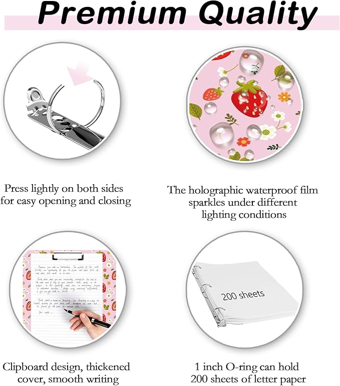 Etzul 3 Ring Binder 1 inch with Clipboard - Pink Strawberry Design, Includes Dividers, File Bag & Spine Label - Cute and Practical for Students and Organizers, Holographic Waterproof Film