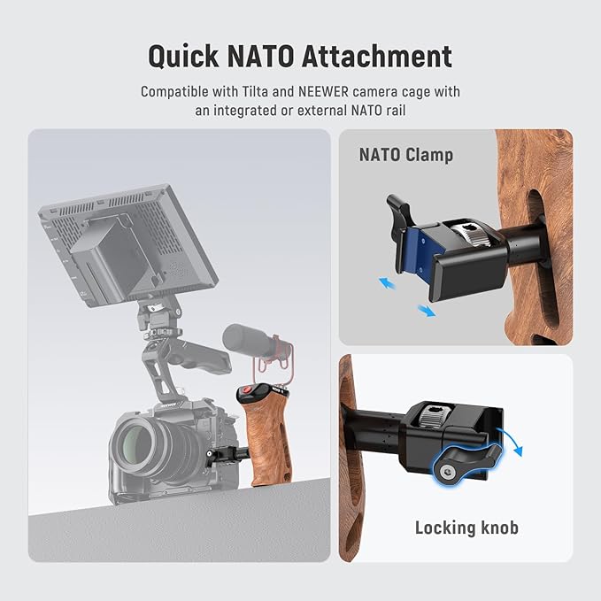 NEEWER Wooden Side Handle with Record Start/Stop Remote Trigger NATO Clamp 1/4" & 3/8" Threads Vertical Adjustment 22lb Load Compatible with SmallRig Camera Cage Sony Fujifilm Panasonic, CA123