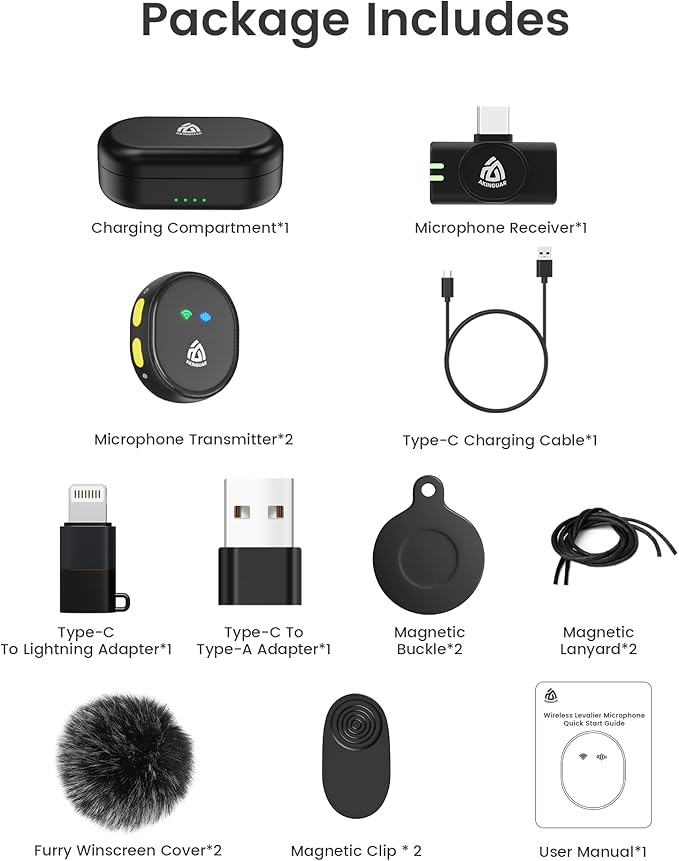 Wireless Lavalier Microphone for iPhone 15/16/17 & Android, Mini Microphone with 48kHz 24Bit, Hi-Fi Audio, AI Noise Cancelling, Mini Mics for Vlogging, Video Recording, TikTok, YouTube, Plug & Play