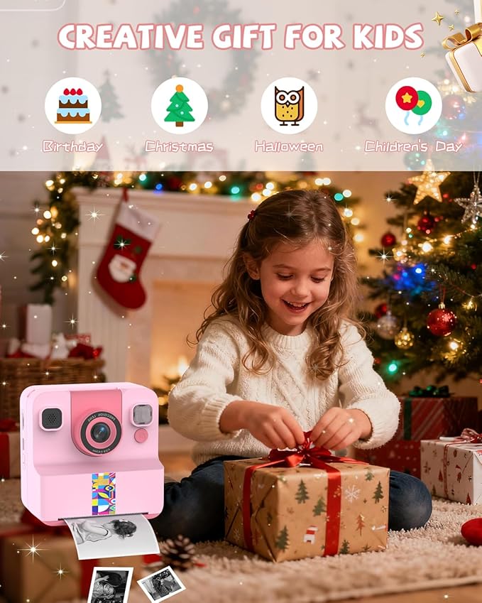 Kids Camera Instant Print, Digital Camera for Kids, 180° Rotating Selfie Lens with 32GB SD Card & 2 Rolls Printing Paper Kids Toy Birthday Gifts for Boys Girls Ages 3-12, Pink