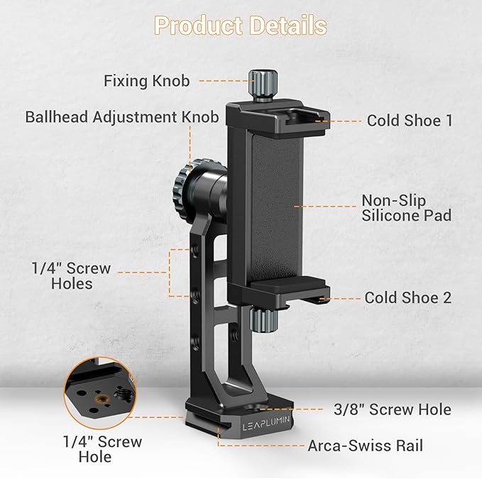 Metal Phone Mount for Tripod with 2 Cold Shoes & Arca Port,Phone Holder Stand with 4 * 1/4" Screw Mount,Support Vertical & Horizontal Rotate Suitable for iPhone 17 Pro/16Pro/15Pro/14/13