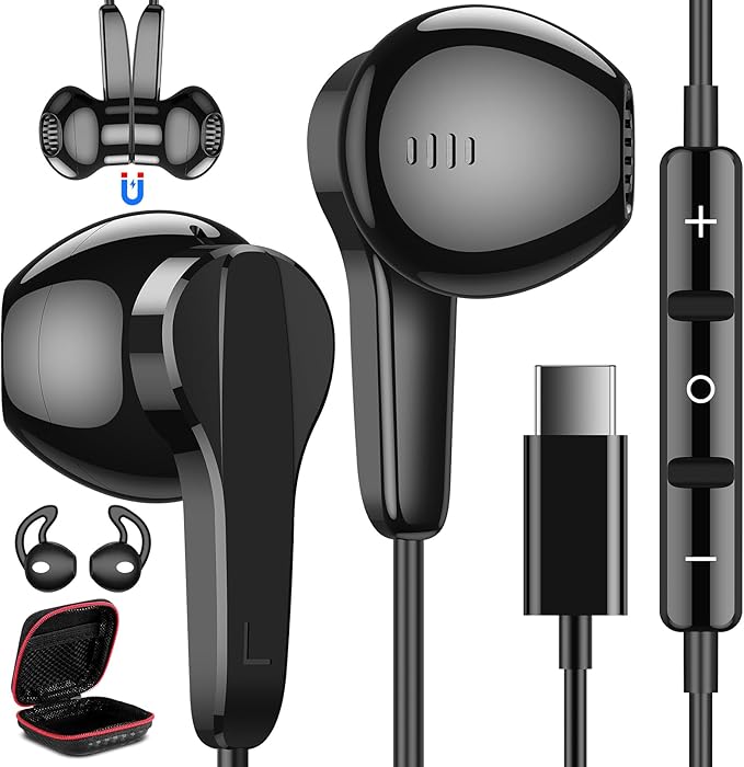 USB C Headphones for Samsung S25 Ultra S24 S23 Fe S22+, Type C Earphones with Microphone HiFi Stereo Volume Control Magnetic in Ear Wired Earbud for iPhone 17 Air 16 15 Pro Max Plus/Galaxy S26 Flip 7