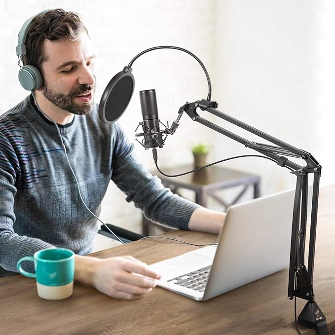 TONOR Microphone Arm Stand, Adjustable Suspension Boom Scissor Mic Stand with Pop Filter, 3/8" to 5/8" Adapter, Excellent Compatibility, Mic Clip, Upgraded Heavy Duty Clamp, 35cm+35cm, T20
