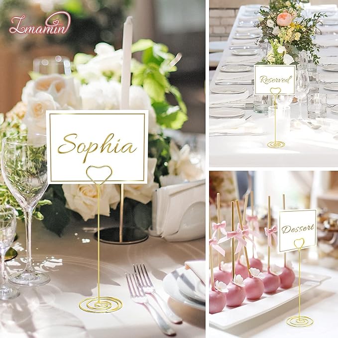 IMAMIN 16pcs Place Card Holders, 8.75 Inches Tall Table Number Holders, Gold Picture Holder for Tables with Heart Shaped Clip for Wedding, Photos, Food Signs, Memo Notes, Restaurant, Birthday