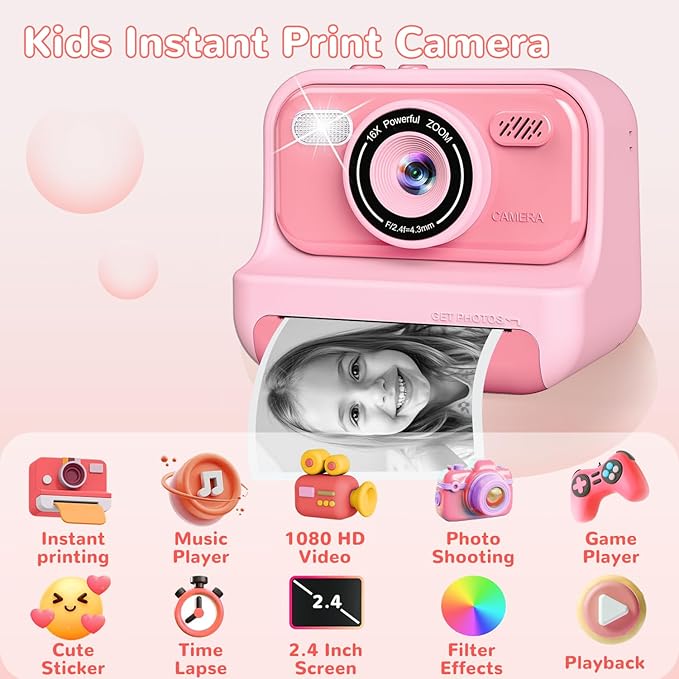 Instant Print Camera for Kids,2.4 Inch Screen Kids Digital Cameras, Christmas Birthday Gifts for Girls Age 3-12, Portable Toddler Travel Toy for 3 4 5 6 7 8 9 10 Year Old Girls Boys