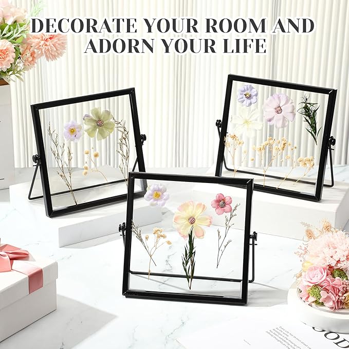 Hoteam 12 Pack 6 x 6 Inches Black Floating Frame for Photo 4 x 4 Inch Glass Floating Picture Frame Collection Vintage Metal Minimal Ornate Easel for Wedding Gift Pictures Photos Desk Tabletop Display
