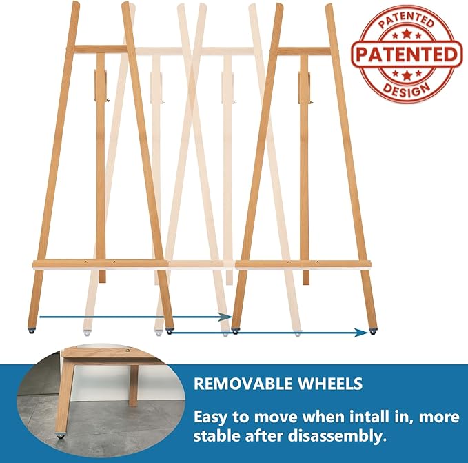Somime A - Frame Wooden Display Easel - Adjustable Lyre Beechwood Studio Easel Stand Holding Canvas Up to 90", Inclinable Artist Floor Painting Easel for Artwork Painting, Natural