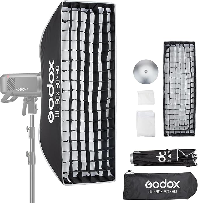 Godox Rectangular Softbox, 30cm*90cm/ 11.8in*35.4in with Grid Diffuser Fast-Setup Bowens Mount Softbox Compact for Photography Shooting Continuous Light Monolight Strobe Flash
