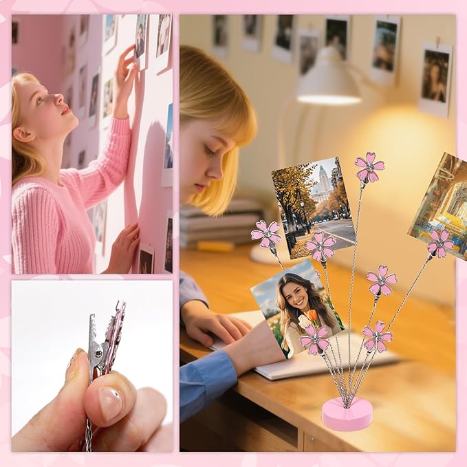 8 Branch Photo Tree Clip, Flexible Photo Frame Stand with Clips for Note Paper Wedding Photo Display Office Decoration (Pink)