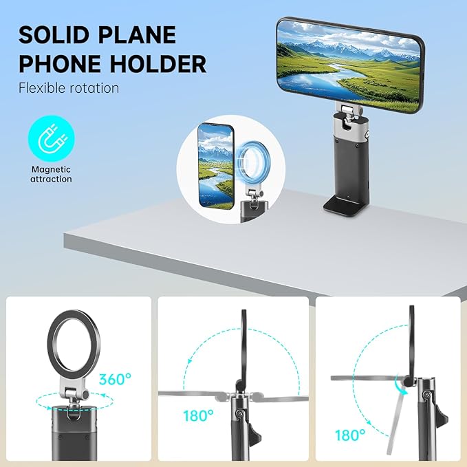 Magnetic Airplane Phone Holder for iPhone 17-12 Series, Foldable Magnetic Phone Stand for Desk, 360° Rotation Phone Tripod Mount, Travel Phone Holder with Strongest Magnet