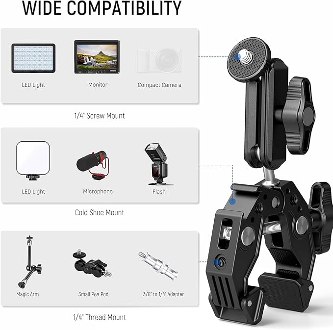 Super Clamp Camera Clamp Mount Monitor 360° Ballhead Magic Arm Double Ball Head Adapter with 1/4"-20 & 3/8"-16 Thread for Canon Nikon DSLR Camera