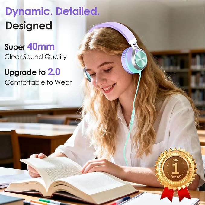 USB C Headphones Wired with Mic & Volume Control, Tangle-Free, Type C Over-Ear Headphones, Lightweight/Foldable Kids Headphones Wired Headphones USB C for iPad/Sports/School/Travel/iPhone 17/16/15