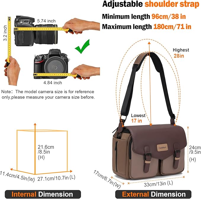Cwatcun Camera Bag, Waterproof Flap Camera Crossbody Shoulder Messenger Case with Tripod Holder, Travel Photography Bag for Canon, Nikon, Sony, Fuji DSLR/SLR/Mirrorless Camera, Lens （Brown）, L