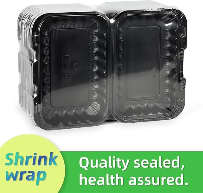 LEOBOX To Go Containers, BPA-Free Plastic Take Out Boxes with Lids 50-Pack 27oz Black MFPP Reusable Meal Prep Container for Food Storage, Hinged Clamshell Design for To-Go Lunch Salad Breakfast