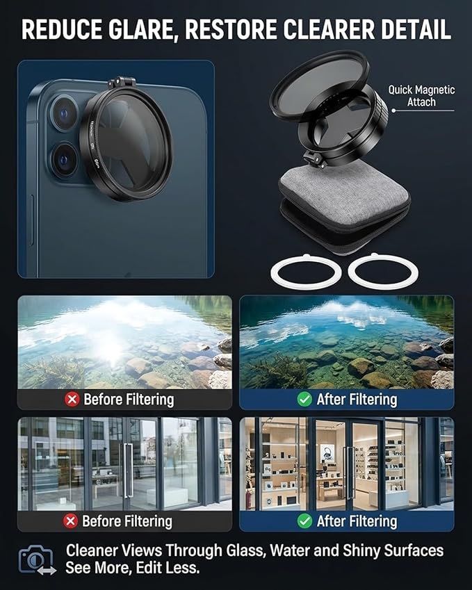 Anti-Glare Magnetic Phone Filter – Reduces Unwanted Reflections, 52mm Cpl Foldable Universal Polarizing Filter Mount with Phone Camera Snap Grip Kit for iPhone Smartphone Photography(Starlight)