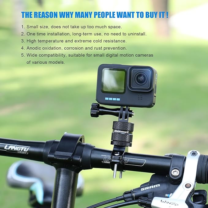 Forevercam Bike Handlebar Mount for Gopro Hero 13 12 11 10 9 8 DJI Osmo Insta360 AKASO and Other Action Camera Aluminum Motorcycle Handlebar Mount 360°Rotation