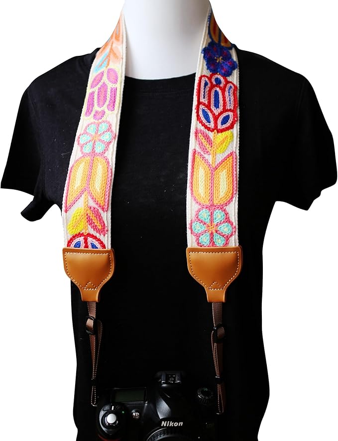 UNIKSTRAP Original Design Adjustable Camera Strap, Vintage Style Hand Made Crochet Colorful Flowers, 2 Inch (5cm) Width, Fit for Canon Nikon Sony Interchangeable Lens Digital Camera/DSLR