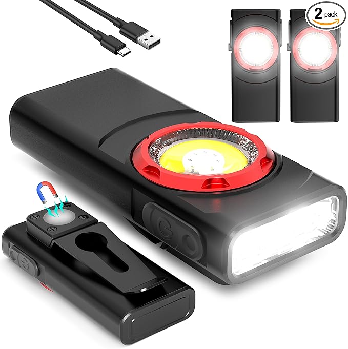 EDC Flashlight Rechargeable, 700 Lumens Mini LED Flashlight with 8 Modes Dual Light Sources Magnetic Flashlights with Clip Waterproof Pocket Flat Flashlights for Night Working (2, Black)