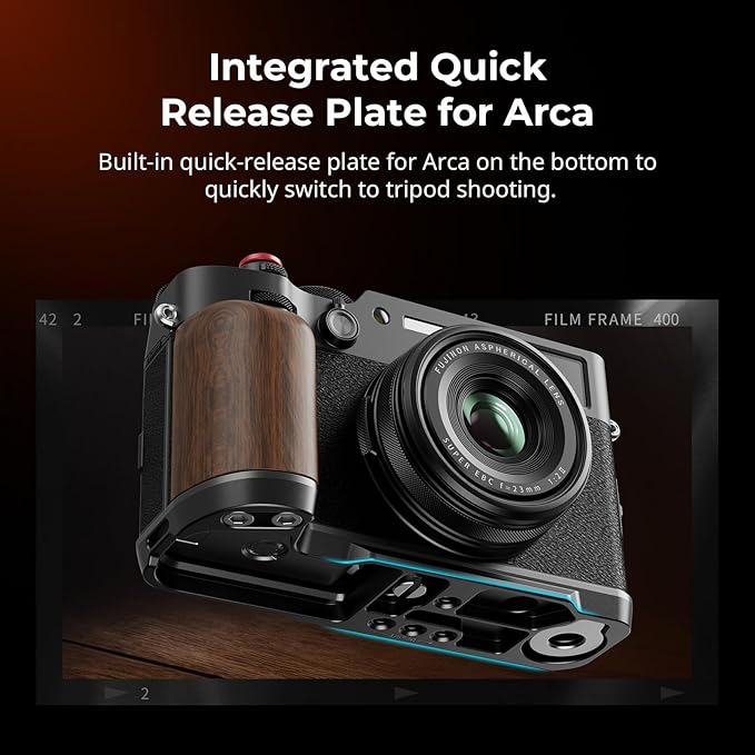 SMALLRIG X100VI / X100V Handgrip, Wooden L-Shape Grip for FUJIFILM X100VI / X100V Camera, Built-in Quick Release Plate for Arca, with Shutter Button and Hot Shoe Cover (Black) 4805