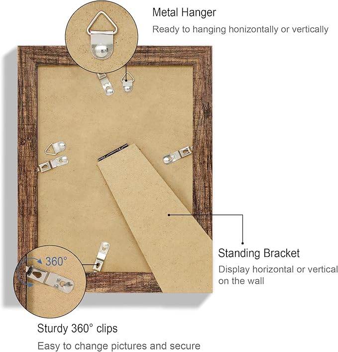 6x8 Picture Frame Set of 4, Made of Real Glass and Rustic Brown Frame - Display Picture 4x6 with Mat or 6x8 Without Mat, 6 by 8 Photo for Wall or Tabletop