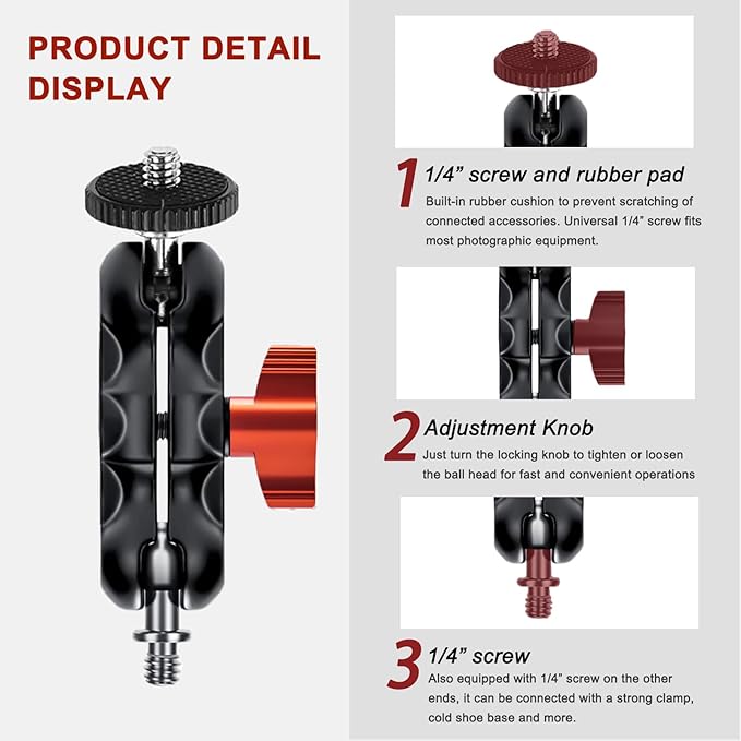 Magic Arm with Double Ball Head and 1/4" Screw - Compatible with Super Clamp, Camera Cage, Monitor and Microphone - Max Load up to 2kg / 4.4lb
