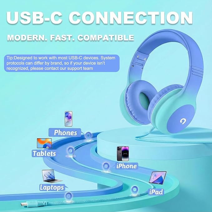 Wired Kids Headphones with USB C Plug, 85dB Safe Volume, Adjustable Headband, Tangle-Free Cord Headphones for School, Tablet, Travel (Sky Blue & Mint Green, Without Microphone)