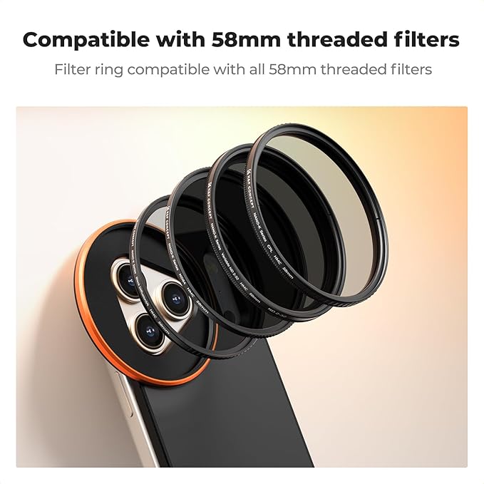 K&F CONCEPT Double-sided Magnetic Lens Filter Mount Adapter with 58mm Variable ND2-32 Filter, Compatible with iPhone 17 Pro Max and 58mm Threaded Filters