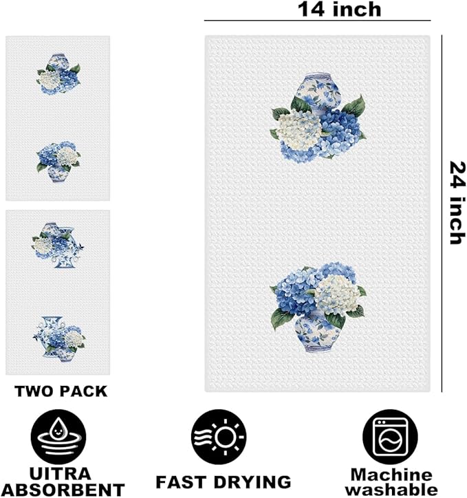 2Pcs Blue and White Porcelain Chinoiserie Kitchen Towels 24x14 Inch, Hydrangea Floral Dish Towels Tea Towels for Kitchen Bathroom Decor, Absorbent Microfiber Dish Cloth, Grand Millenial Decor