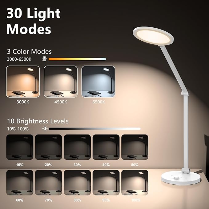 LED Desk Lamp for Home Office, Eye-Caring Modern Desk Light, 3 Color Temperature 10 Brightness Computer Light, Dimmable Desk Light with Memory & Timer Func, Metal Swing Arm Table Lamp (White)