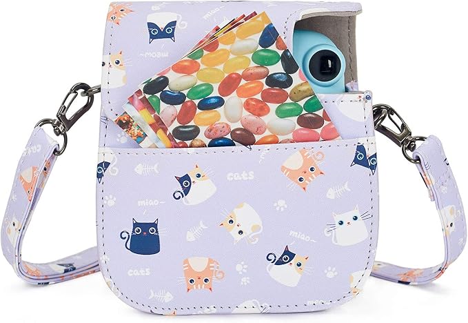 Phetium Instant mini 12 Camera Protective Case Compatible with Instax Mini 12 11,PU Leather Bag with Pocket and Adjustable Shoulder Strap (Purple Cat)