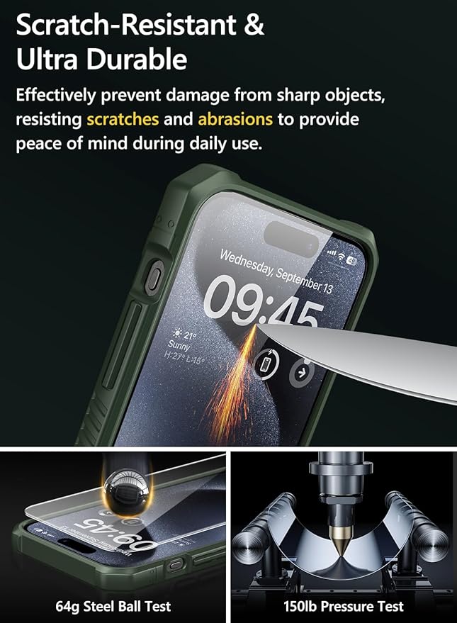 Vihibii for iPhone 15 Pro Max Case with Card Holder (4 Cards), Built-in 2X Tempered Glass Screen Protector & Slide Camera Cover & Kickstand, Military Grade Drop Protection, Rugged Wallet Case, Green