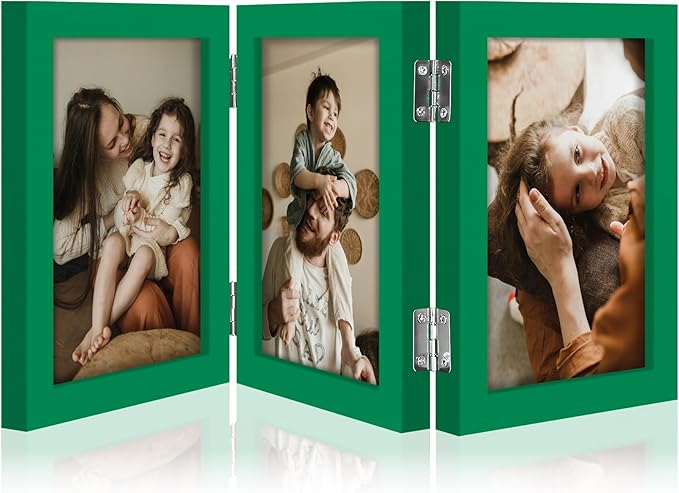 decorUhome Triple 4x6 Picture Frame Vertical, Engineered Wood Trifold Photo Frame with Plexiglass for Tabletop Display, 4x6, Green