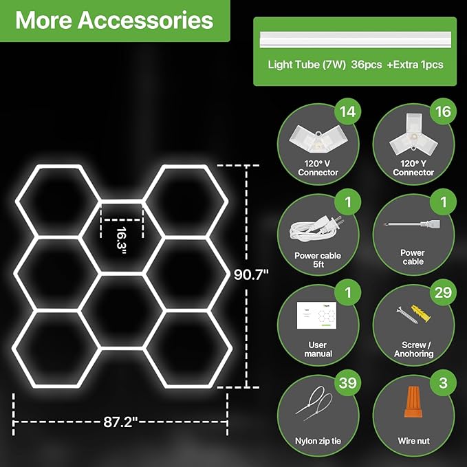 Glitgate Hexagon LED Garage Light, 245W 26950LM 8-Grid Honeycomb Hex Lighting System, 6500K Ultra Bright Ceiling Light for Garage, Car Detailing Shop, Workshop, Basement, Gym
