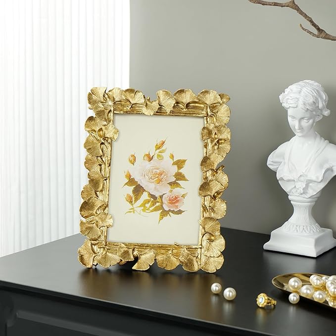 Cuspin 5x7 Picture Frame, Vintage Ornate Gold Resin Frame with Glass Front, Ginkgo Leaf Textured Photo Frame for Wall Hanging or Tabletop Display, Retro Design Home Decor Gift