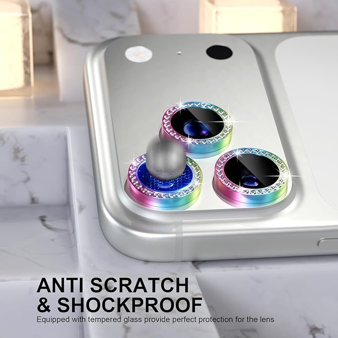 Choiche Compatible for iPhone 17 Pro/iPhone 17 Pro Max Camera Lens Protector Bling, 9H Tempered Glass Camera Cover Screen Protector Metal Ring Decoration Accessories (Diamond-Colorful)