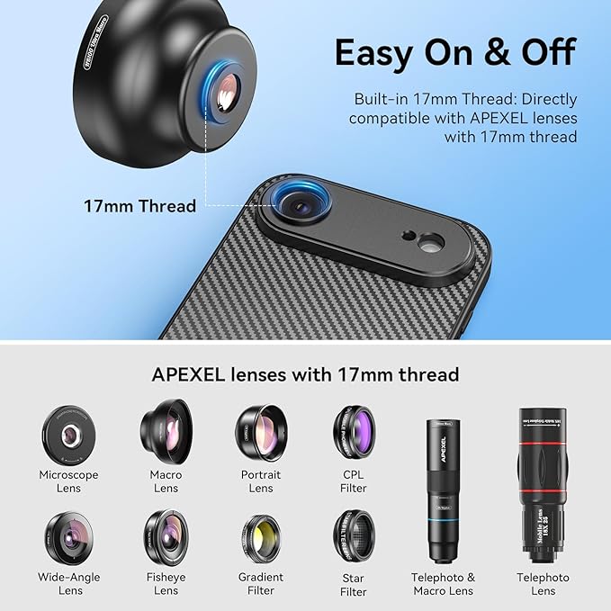 APEXEL 17mm Thread Lens Phone Case Compatible for iPhone Air, Compatible with All Telephoto & Macro Lenses, Durable Protective Cover Black