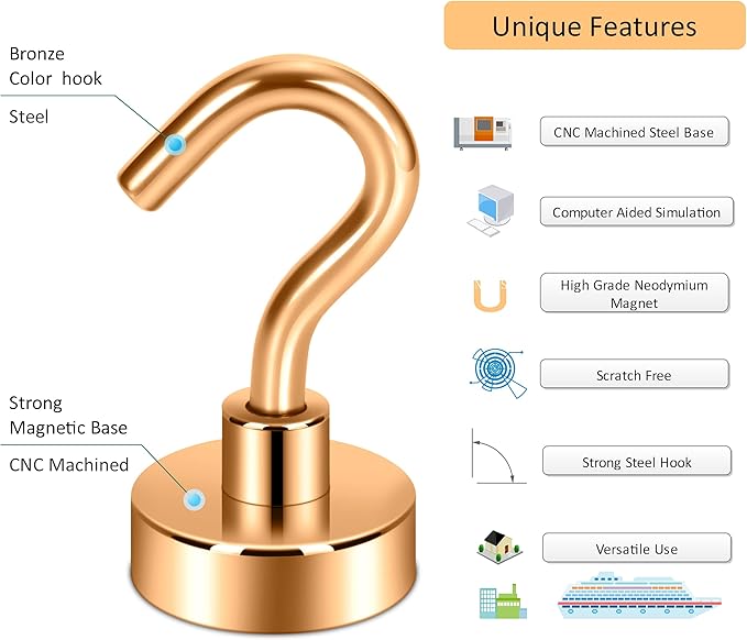 Neosmuk Magnetic Hooks, Cruise Ship Essentials, 30lb+ Heavy Duty Magnetic Hooks for Cruise Cabins, Refrigerator, Grill, Hanging, and Travel | Extra Strong Must-Haves Magnet Hook,Bronze,5 Pack