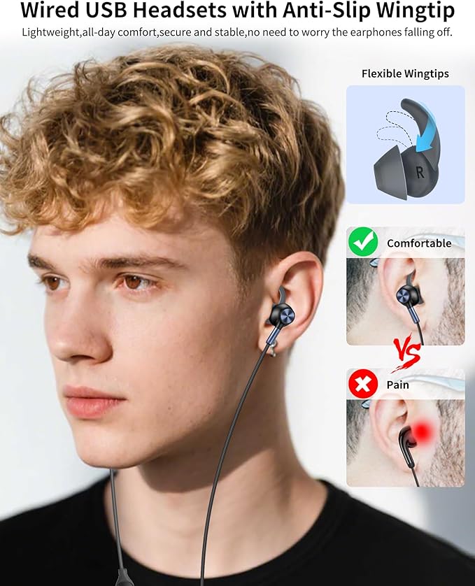 USB Earbuds with Microphone for PC Laptop,Wired USB A Headphones with Mic& Earfins Hook for Computer Office Work,7.5ft Noise Canceling Stereo Computer Headset for Dell/HP/Chromebook Game School,Black