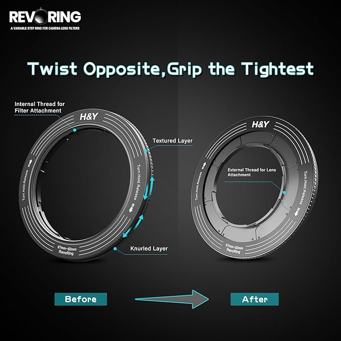 H&Y RevoRing Adjustable Step Up Ring 67-82mm to 82mm, Variable Lens Filter Adapter Ring, Universal Stepping System fits 67 72 77 82mm, Titanium Gray