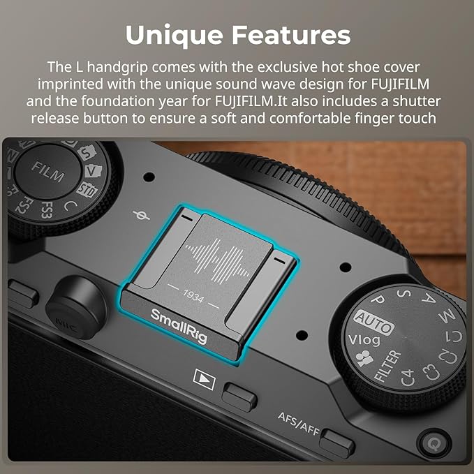 SMALLRIG X-M5 Wooden Handgrip L-Shape Grip for FUJIFILM X-M5, Built-in Quick Release Plate for Arca, Ergonomic Wood Side Handle, Include Windshield with Cold Shoe Adapter,Plate for Arca (Black) - 5260