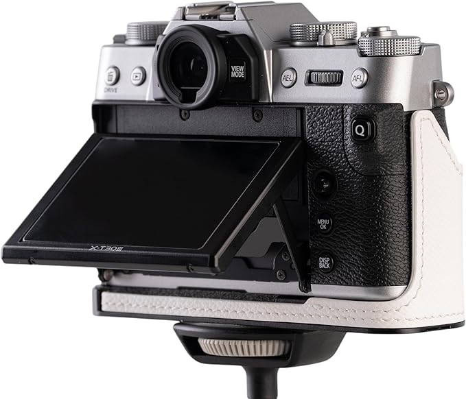 Handmade Genuine Leather Camera Half Case for FUJIFILM X-T30III /FUJIFILM X-T30III Camera Case/FUJIFILM X-T30III Case - Top Layer Cowhide Body + Metal Base Plate (White)