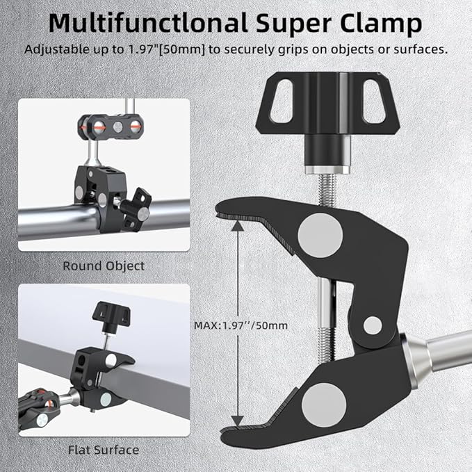 Super Camera Clamp Mount, Aluminum Alloy Double Ball Head Magic Arm Adapter, Fence/Desk/Tripod Mount for Most Phone, for Insta360 X5/X4, for Gopro 13/12/11, DJI Action 5Pro/4/3 and More Action Cameras
