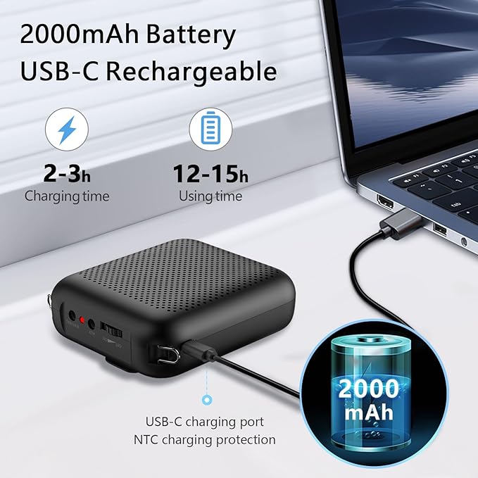Norwii Bluetooth Voice Amplifier, Power Amplifiers, Portable Mini Wired Microphone Headset for Teacher Classroom & Outdoor Lectures, Teaching, Tour Guides, USB-C Rechargeable - 2000mAh, Black