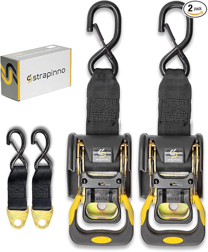 Strapinno 2PCS Retractable Ratchet Straps (1 7/8 in x 4 ft) Heavy Duty Transom Tie Downs with Extension Straps, Bolt Set & Safety Latch S-Hooks,for Boat,ATV, Trailers, Break Strength 3,000LBS/1,360KG