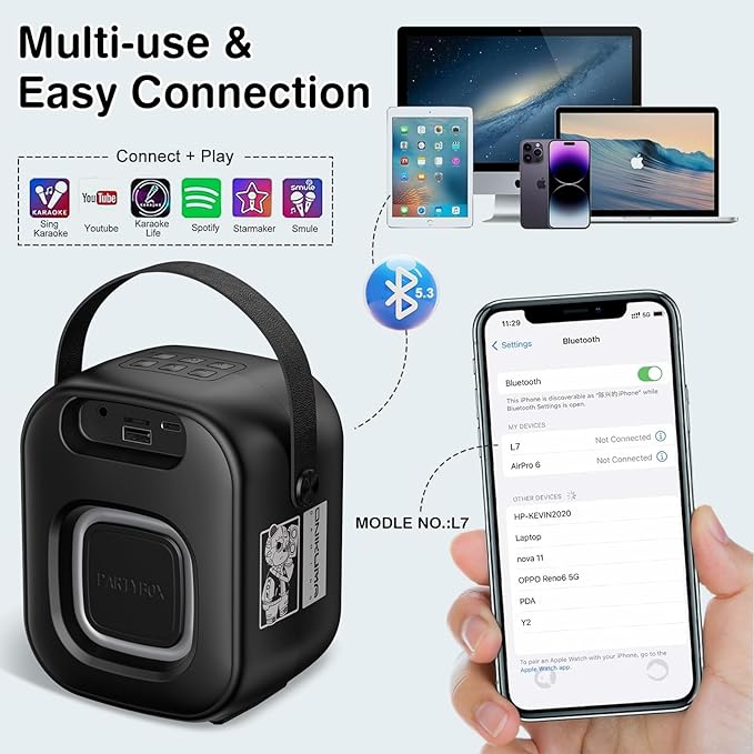 Mini Karaoke Machine with Two Wireless Microphones, Portable Bluetooth Speaker for Adults and Kids, Karaoke Microphone with LED, Speaker Supports for TF Card/USB, AUX in (Black)