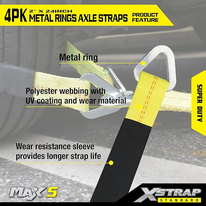 XSTRAP STANDARD 4 Pack of 24 x 2" Axle Strap with Protective Sleeve and D-Ring for Securing Car Transport, Axle Tie Down Straps - 3333 Lb. Capacity 10,000 Breaking Strength