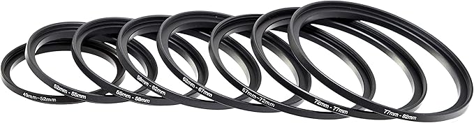 Fotasy Anodized Black Metal Filter Step Up Ring Set, Stepping Lens Adapter Rings 49-52mm 52-55mm 55-58mm 58-62mm 62-67mm 67-72mm 72-77mm 77-82mm (SRU)