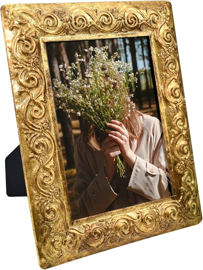 Vintage 5 x 7 Gold Picture Frame Table Top Display Retro Flower Design Antique Picture Frames with HD Glass Front, Great Gift Metal Photo Frames for Wedding Baby Family Portraits Home Office Decor